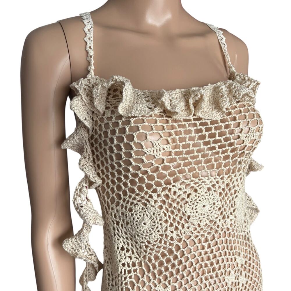 Upcycled Coastal Crochet Doily Sheer Dress Lace Up Back Boho Coastal Festival S - Picture 4 of 8